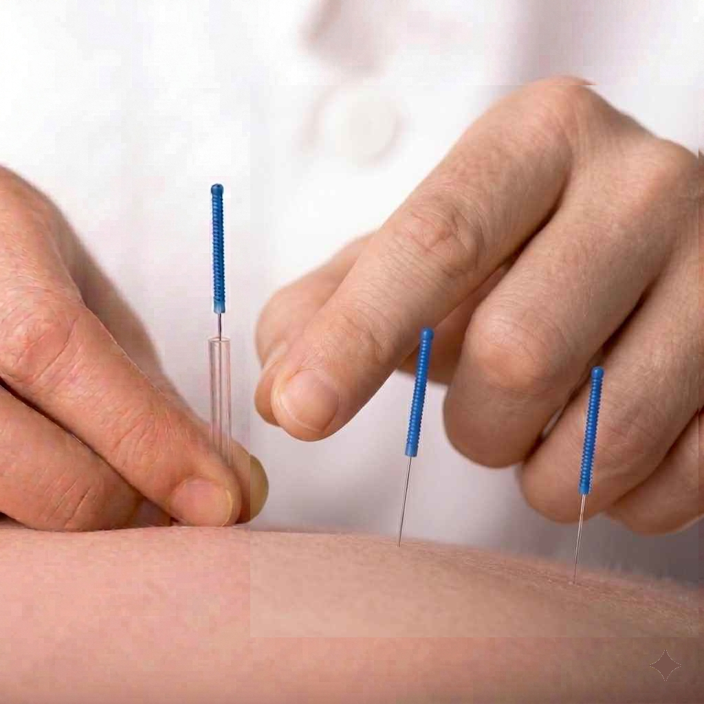 Close-up of a hand placing an acupuncture needle