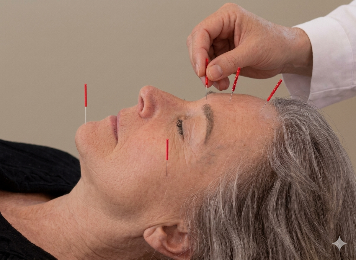Woman receiving facial acupuncture treatment