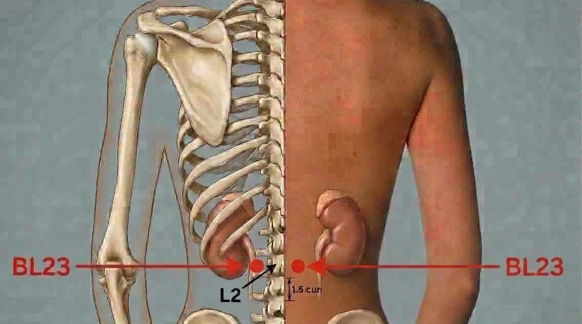Diagram of the BL23 kidney acupuncture point on the lower back